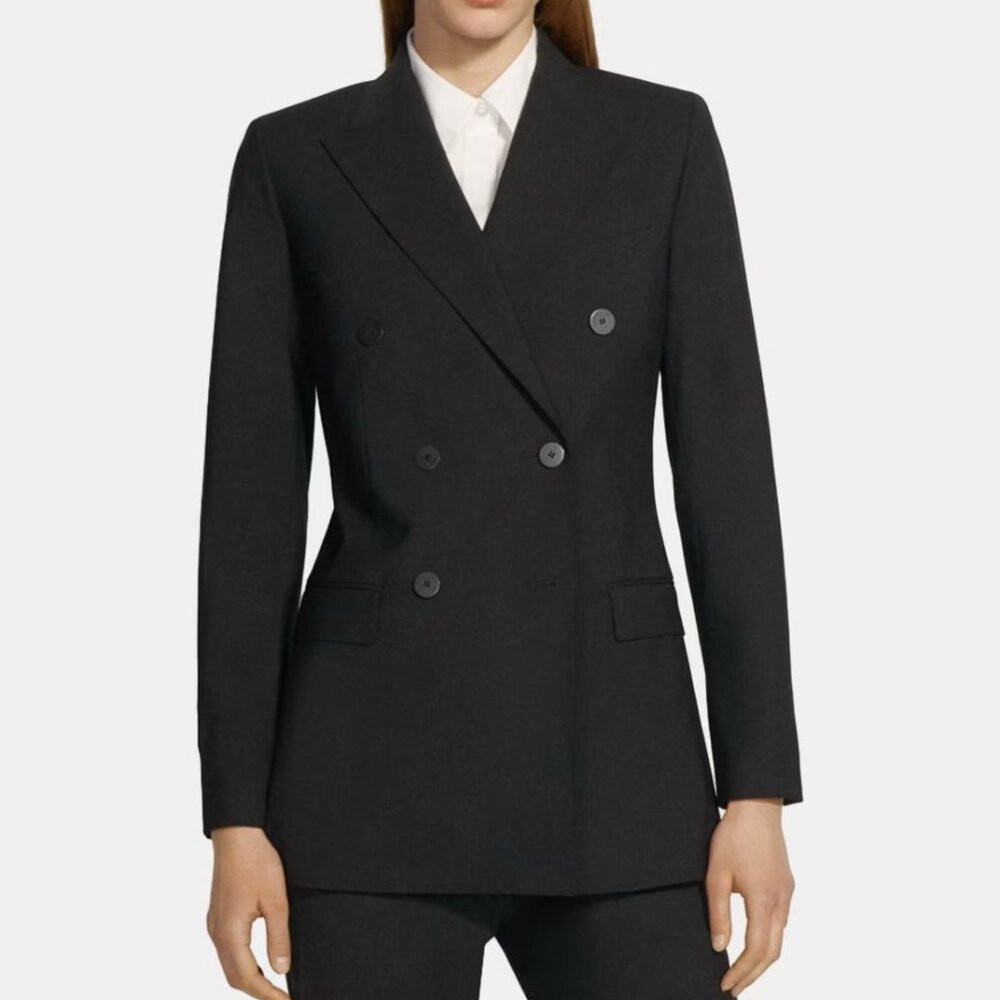 NWT Theory Double-Breasted Blazer, Stretch Wool, Black, US 12, Office to Events